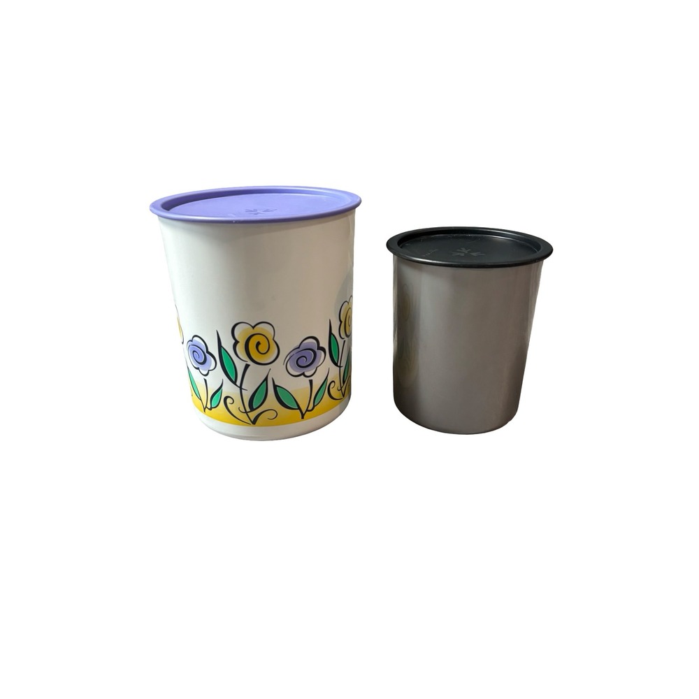 Vintage Tupperware Canister Set 2‎ Floral & Silver Metallic Airtight Containers